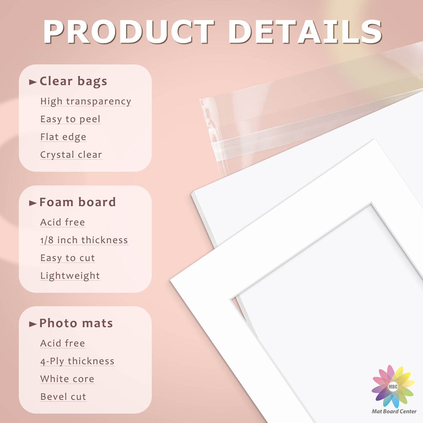 50 Pack 11x14 Whitecore Pre-Cut Mat Board + White Foam Board + Bag
