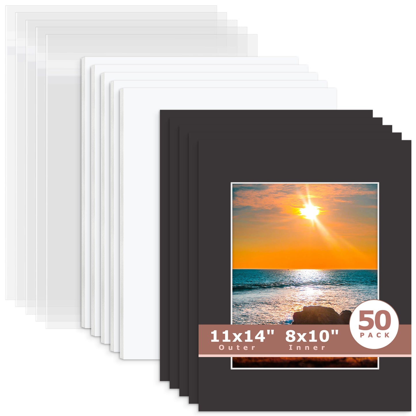50 Pack 11x14 Whitecore Pre-Cut Mat Board + White Foam Board + Bag 8x10 (7.5x9.5 exact opening) N142 Tricom Black