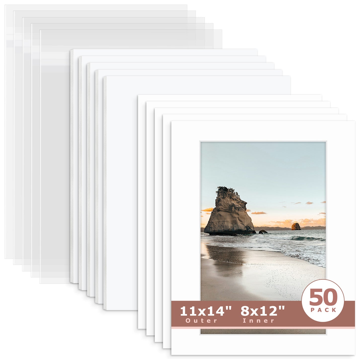 50 Pack 11x14 Whitecore Pre-Cut Mat Board + White Foam Board + Bag 8x12 (7.5x11.5 exact opening) N501 White