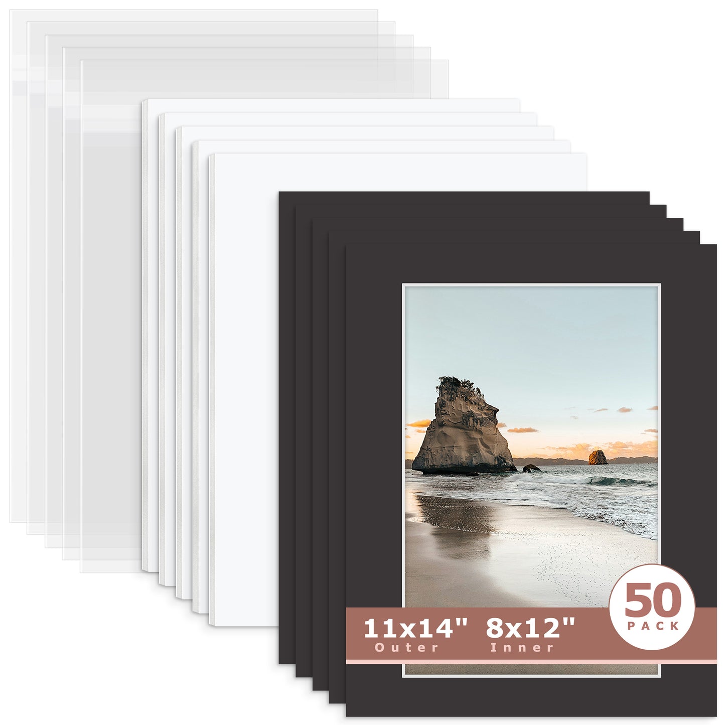 50 Pack 11x14 Whitecore Pre-Cut Mat Board + White Foam Board + Bag 8x12 (7.5x11.5 exact opening) N142 Tricom Black