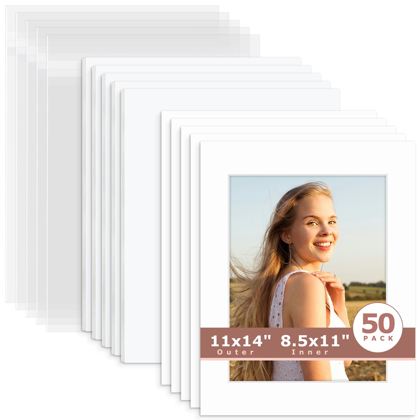 50 Pack 11x14 Whitecore Pre-Cut Mat Board + White Foam Board + Bag 8.5x11 (8x10.5 exact opening) N501 White