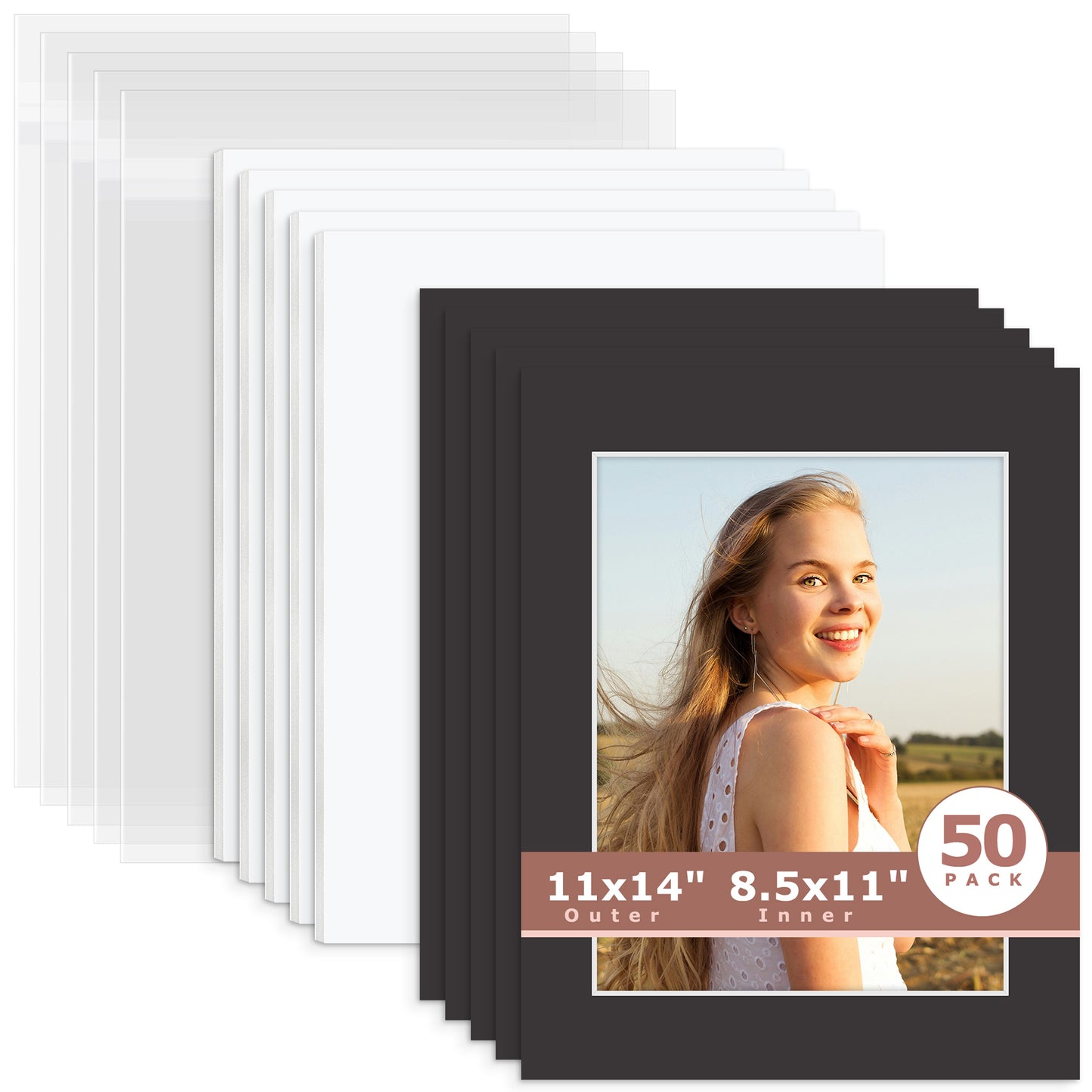 50 Pack 11x14 Whitecore Pre-Cut Mat Board + White Foam Board + Bag 8.5x11 (8x10.5 exact opening) N142 Tricom Black