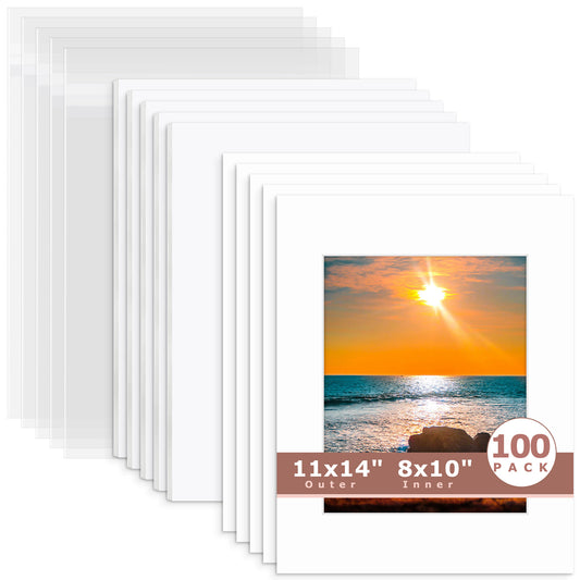 100 Pack 11x14 Whitecore Pre-Cut Mat Board + White Foam Board + Bag 8x10 (7.5x9.5 exact opening) N501 White