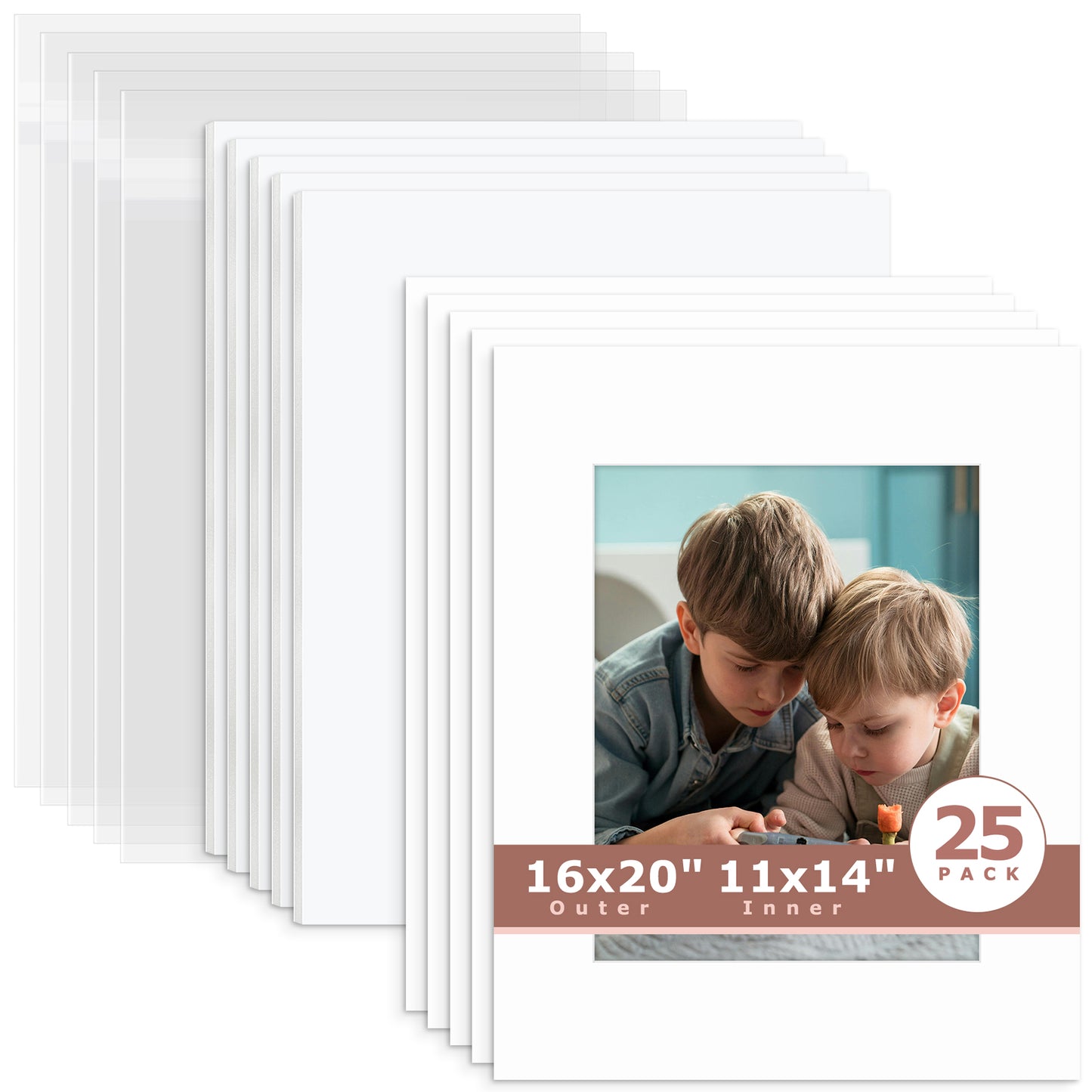 25 Pack 16x20 Whitecore Economy Pre-Cut Mat + White Foam Board + Bag 11x14 (exact opening 10.5x13.5) N501 White