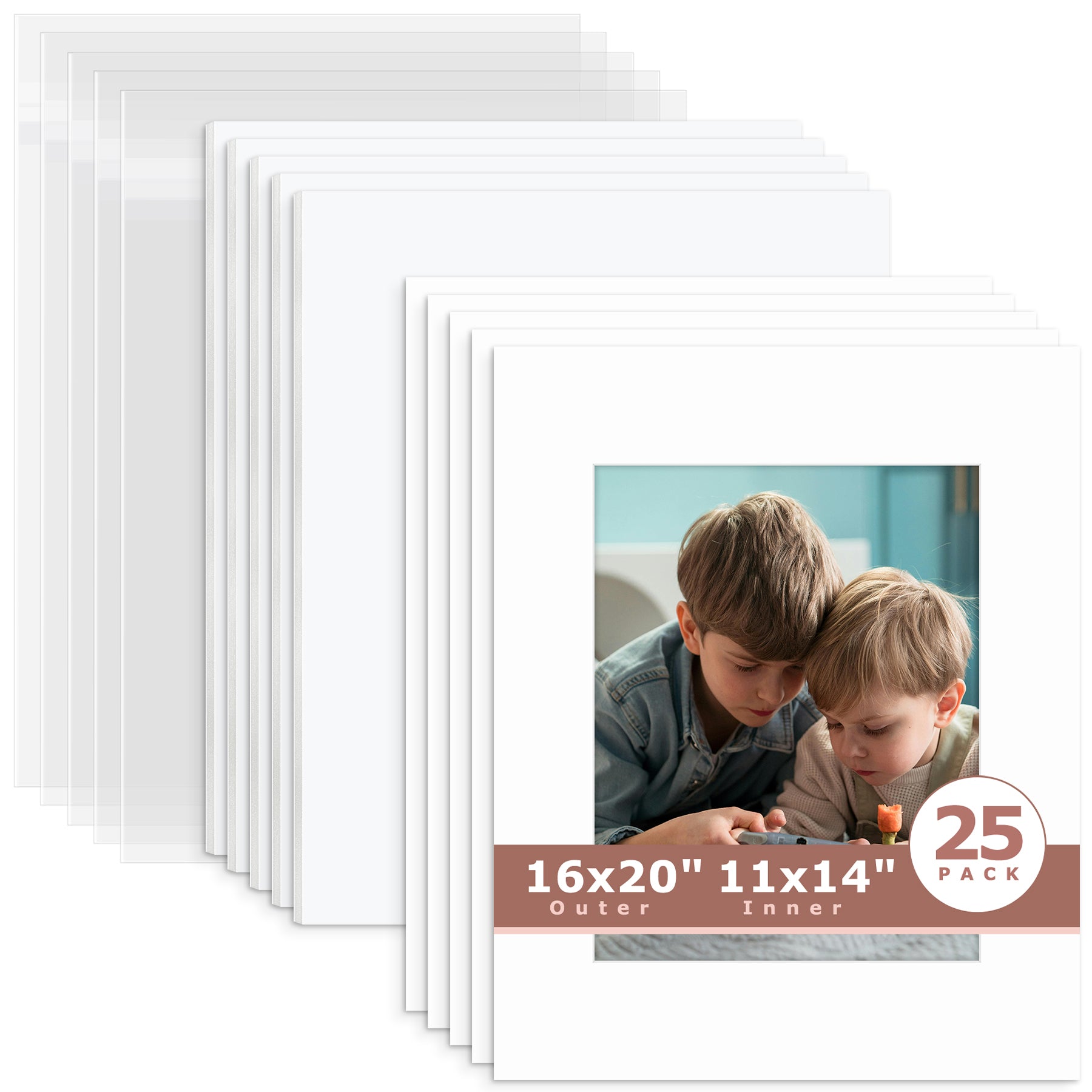 25 Pack 16x20 Whitecore Economy Pre-Cut Mat + White Foam Board + Bag 11x14 (exact opening 10.5x13.5) N501 White