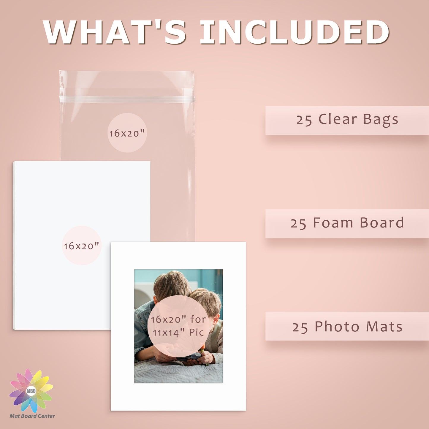 25 Pack 16x20 Whitecore Economy Pre-Cut Mat + White Foam Board + Bag