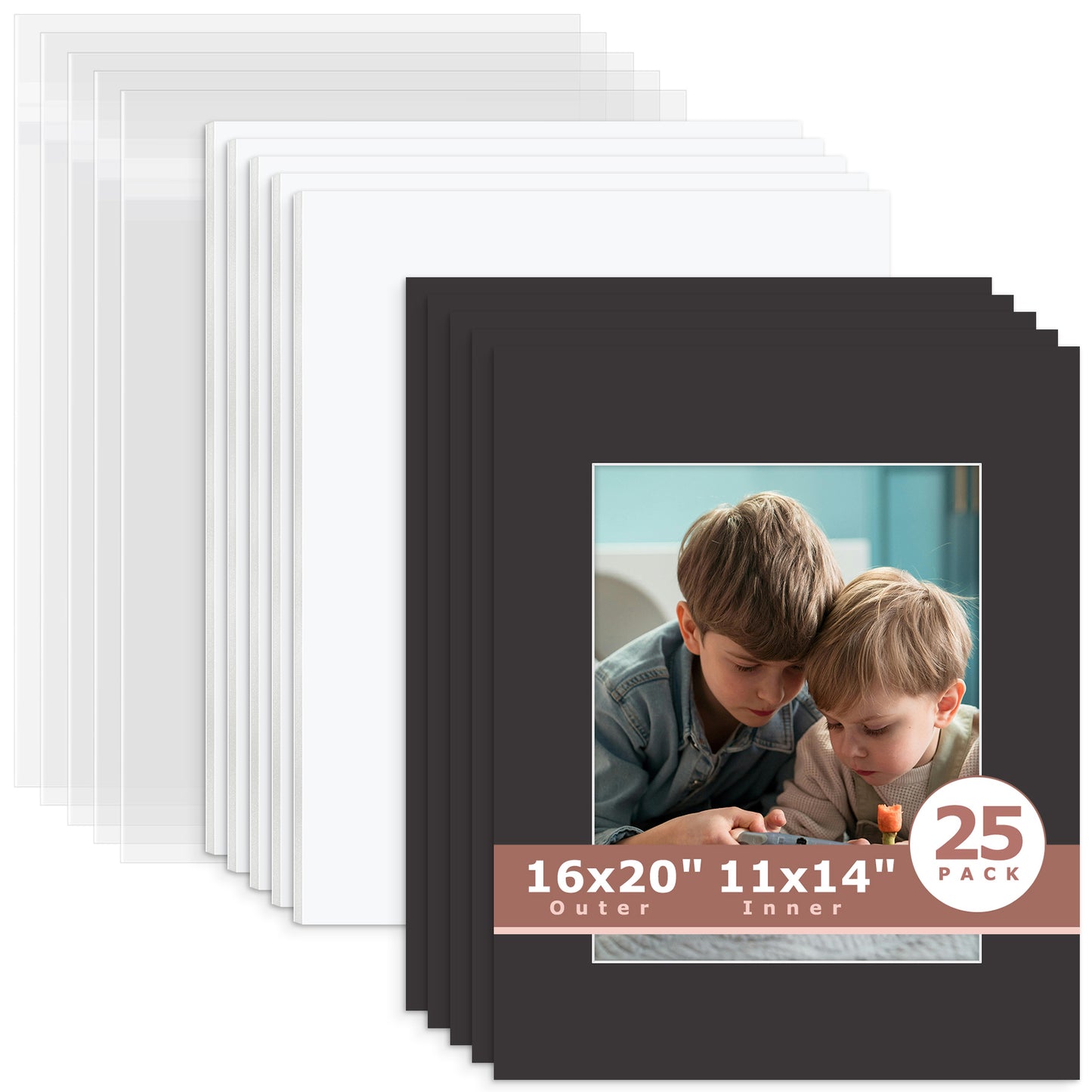 25 Pack 16x20 Whitecore Economy Pre-Cut Mat + White Foam Board + Bag 11x14 (exact opening 10.5x13.5) N142 Tricom Black