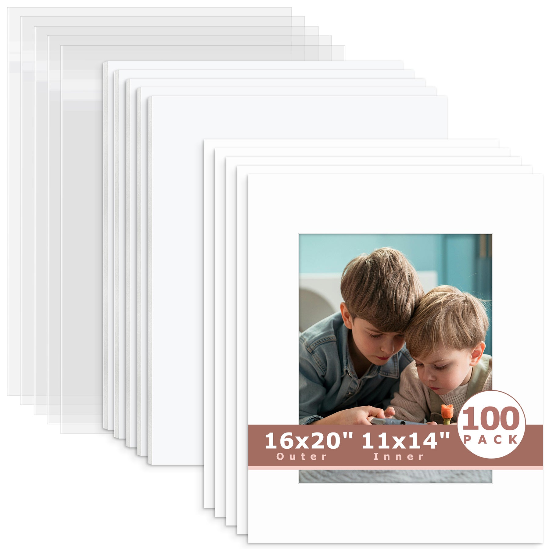 100 Pack 16x20 Whitecore Economy Pre-Cut Mat + White Foam Board + Bag 11x14 (exact opening 10.5x13.5) N501 White