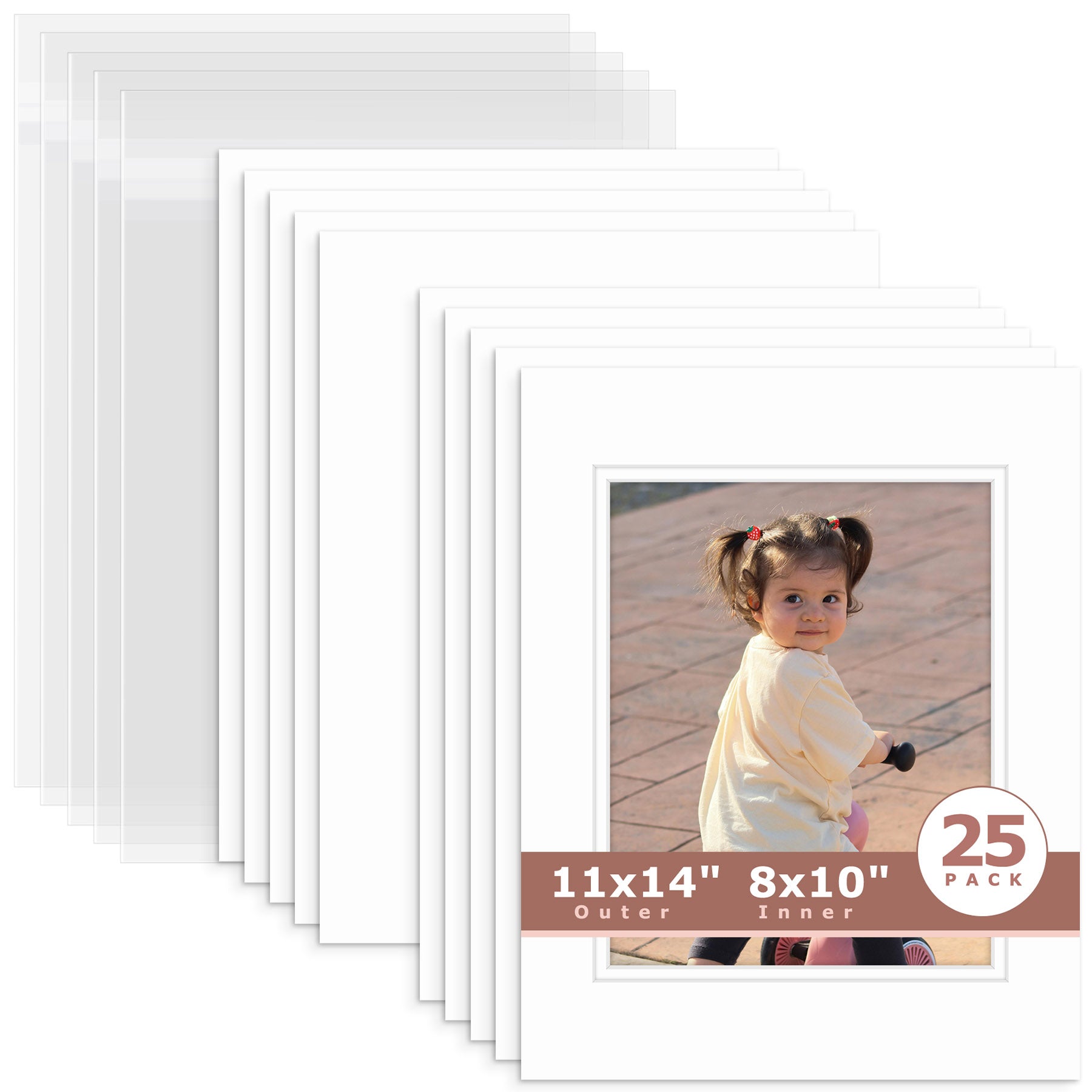 25 Pack 11x14 Double Mat For 8x10 Photos + Backing + Bag White White