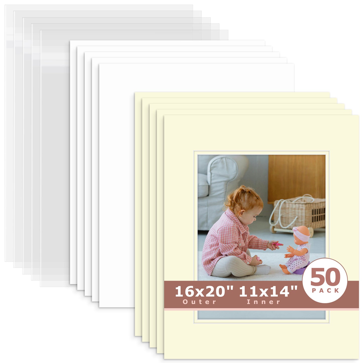 50 Pack 16x20 Economy Pre-Cut Double Mat For 11x14 Photo + Backing + Bag Ivory Ivory