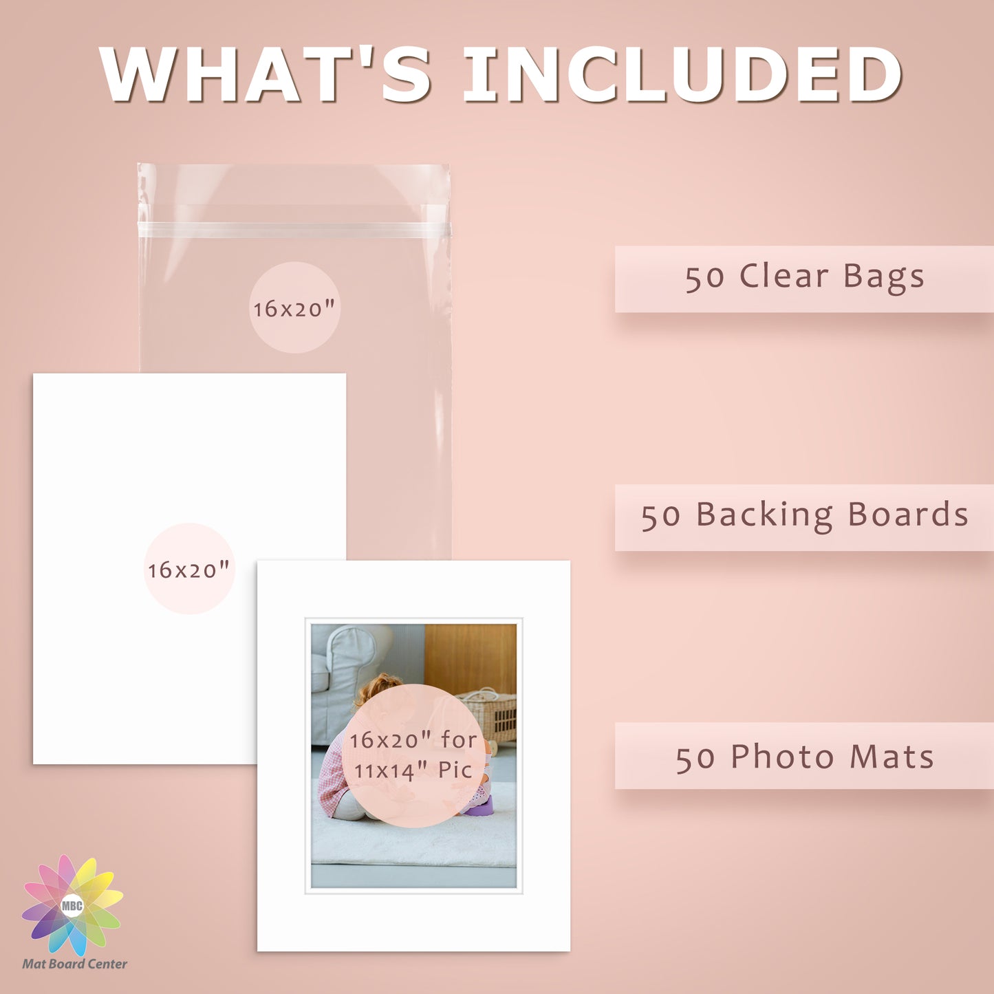 50 Pack 16x20 Economy Pre-Cut Double Mat For 11x14 Photo + Backing + Bag
