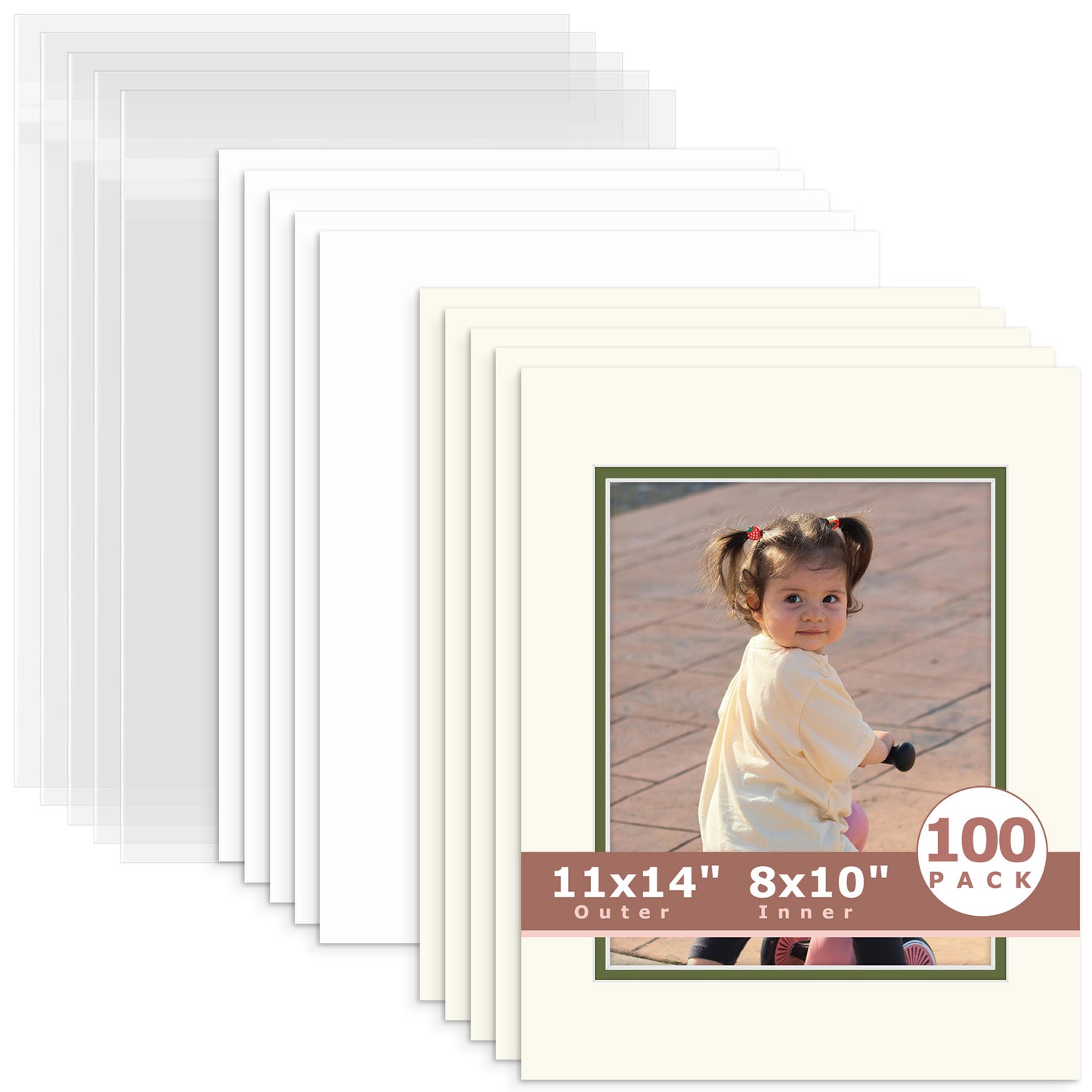 100 Pack 11x14 Double Mat For 8x10 Photos + Backing + Bag Ivory Turret Rock Garden