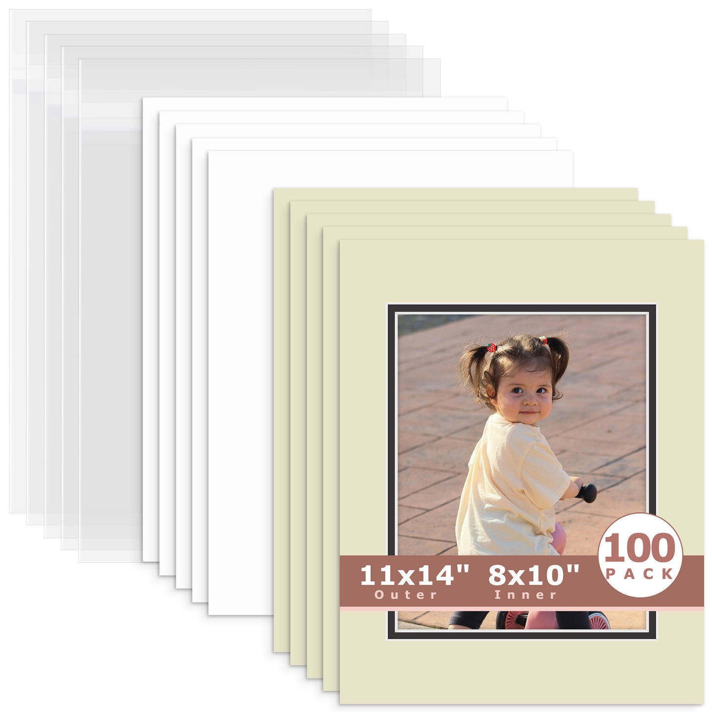 100 Pack 11x14 Double Mat For 8x10 Photos + Backing + Bag Light Gray Black