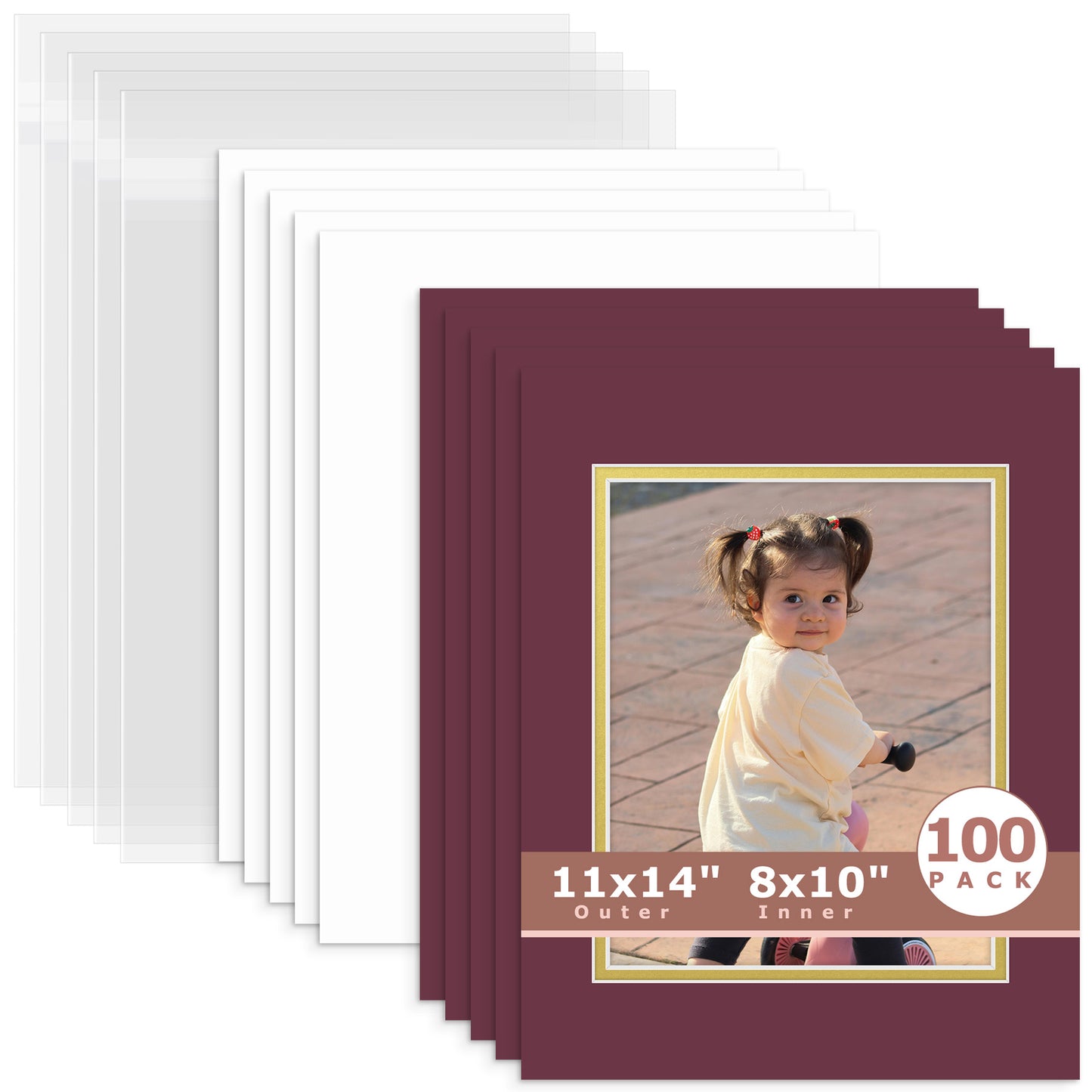100 Pack 11x14 Double Mat For 8x10 Photos + Backing + Bag Maroon Old Gold