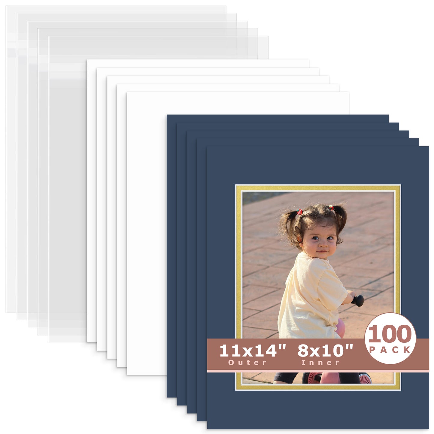 100 Pack 11x14 Double Mat For 8x10 Photos + Backing + Bag Dignity Blue Old Gold