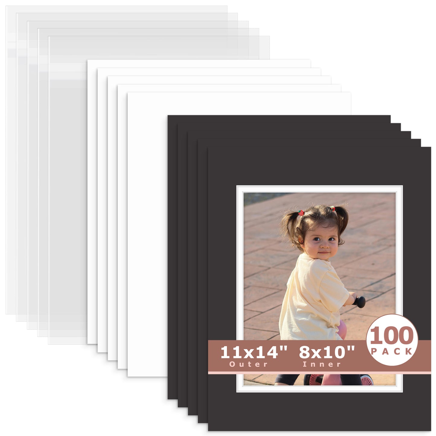100 Pack 11x14 Double Mat For 8x10 Photos + Backing + Bag Black White