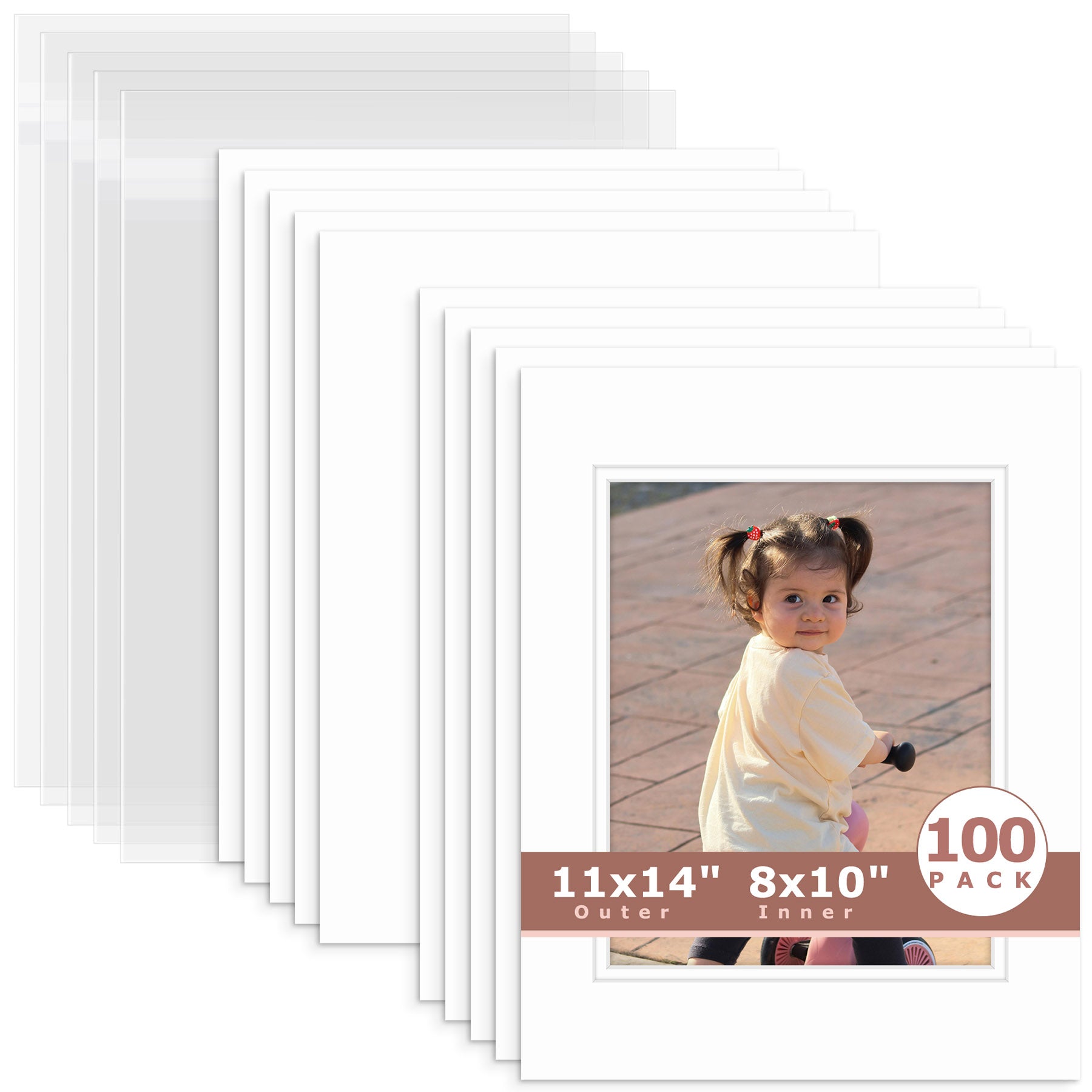 100 Pack 11x14 Double Mat For 8x10 Photos + Backing + Bag White White