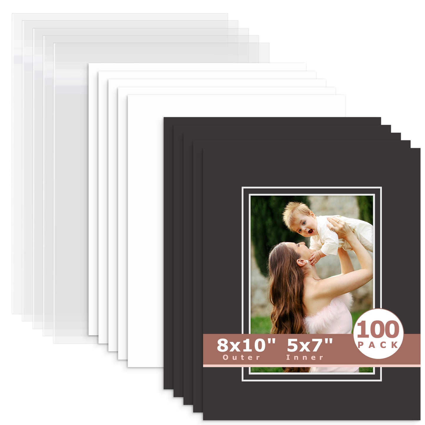 100 Pack 8x10 Double Mat For 5x7 Photos + Backing + Bag Black Black
