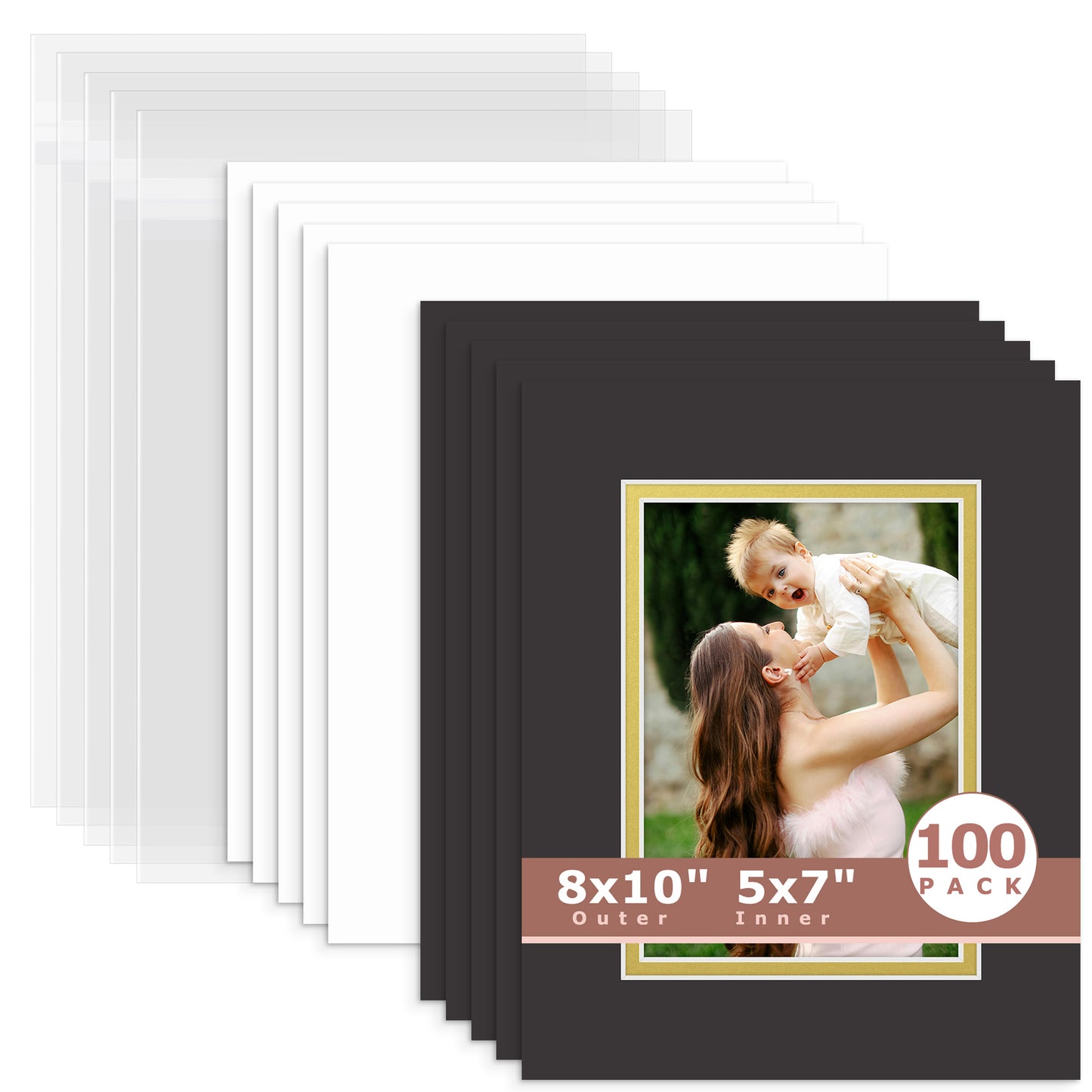 100 Pack 8x10 Double Mat For 5x7 Photos + Backing + Bag Black Gold