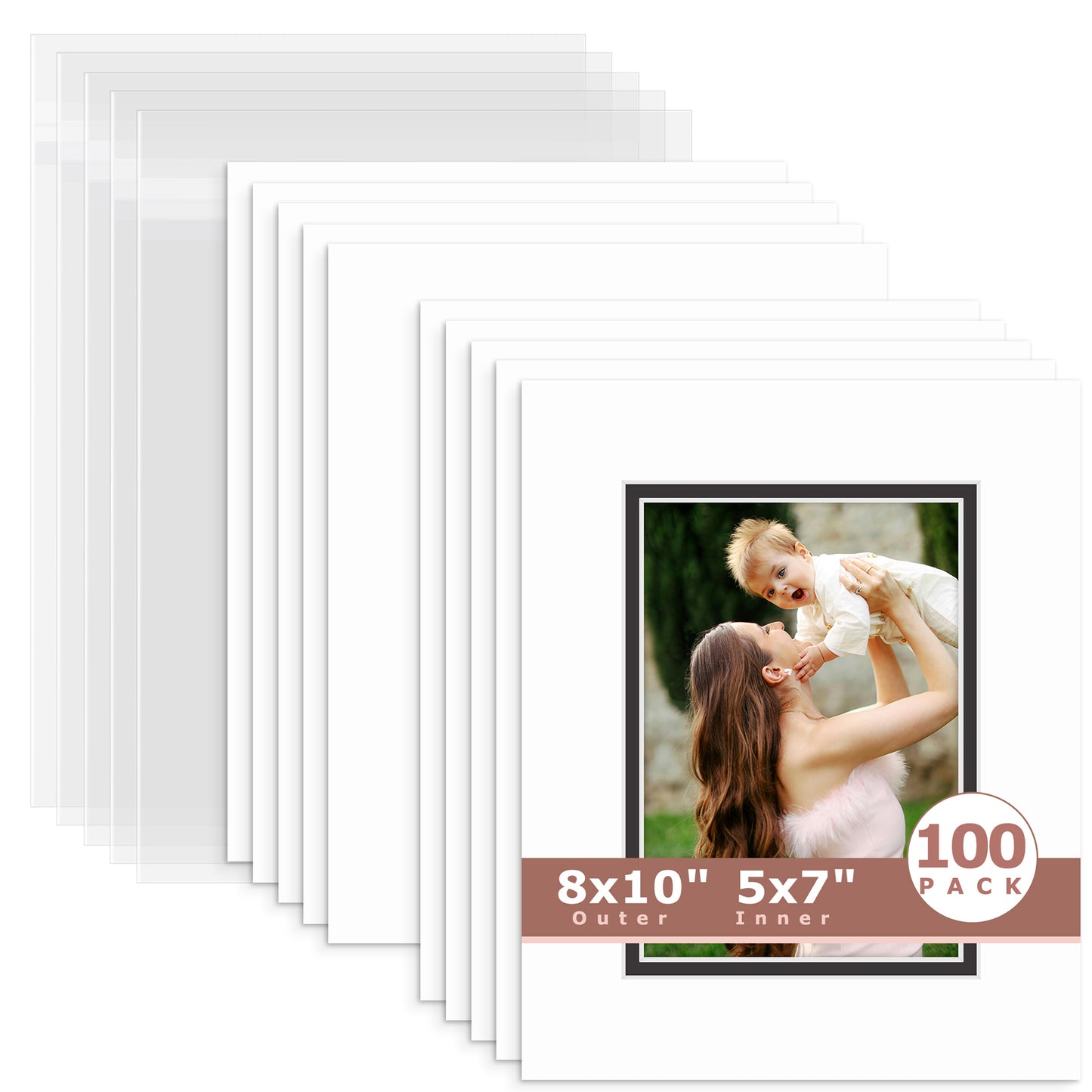 100 Pack 8x10 Double Mat For 5x7 Photos + Backing + Bag White Black