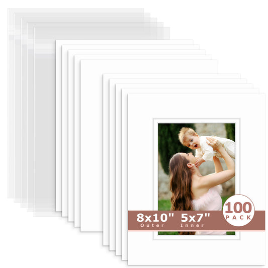 100 Pack 8x10 Double Mat For 5x7 Photos + Backing + Bag White White