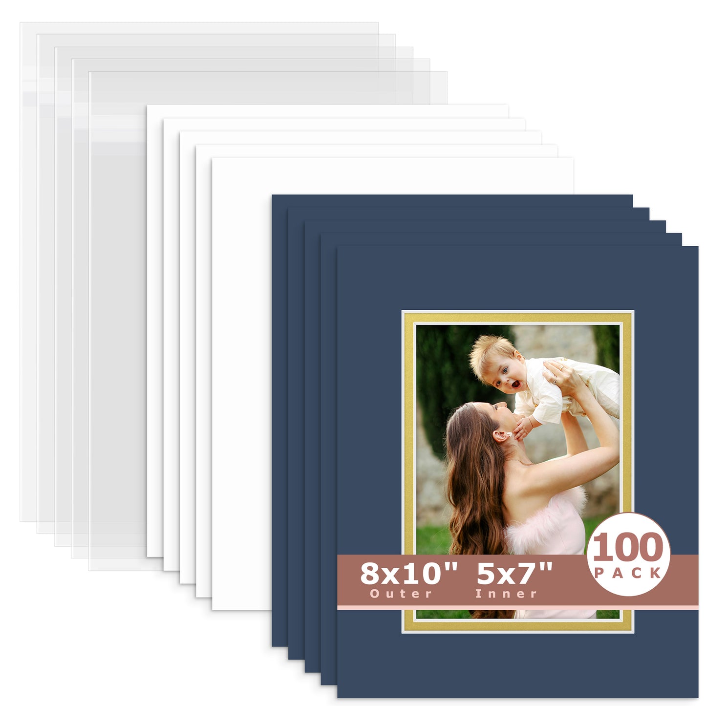 100 Pack 8x10 Double Mat For 5x7 Photos + Backing + Bag Dignity Blue Old Gold