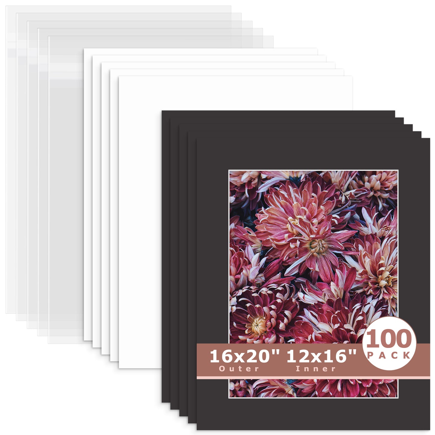 100 Pack 16x20 Whitecore Economy Pre-Cut Mat + Backing + Bag 12x16 (exact opening 11.5x15.5) N142 Tricom Black