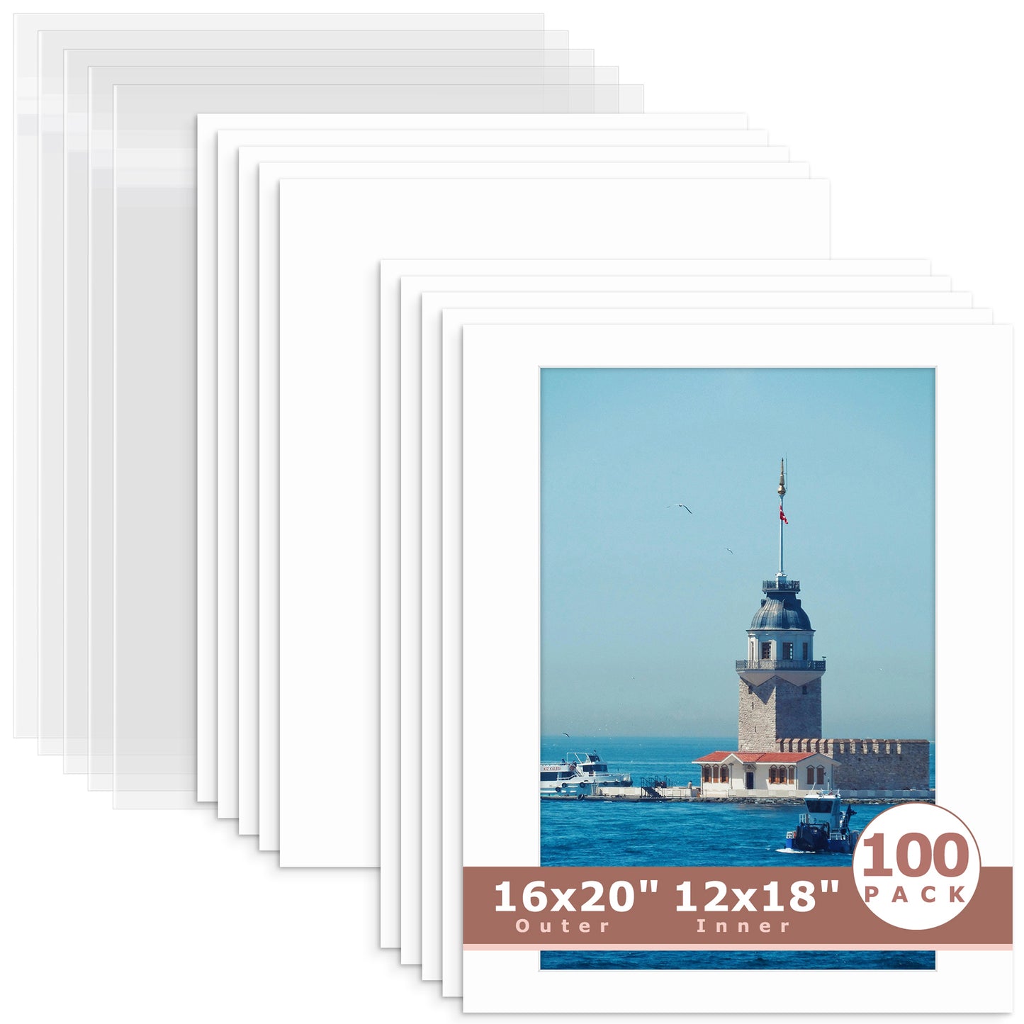 100 Pack 16x20 Whitecore Economy Pre-Cut Mat + Backing + Bag 12x18 (exact opening 11.5x17.5) N501 White
