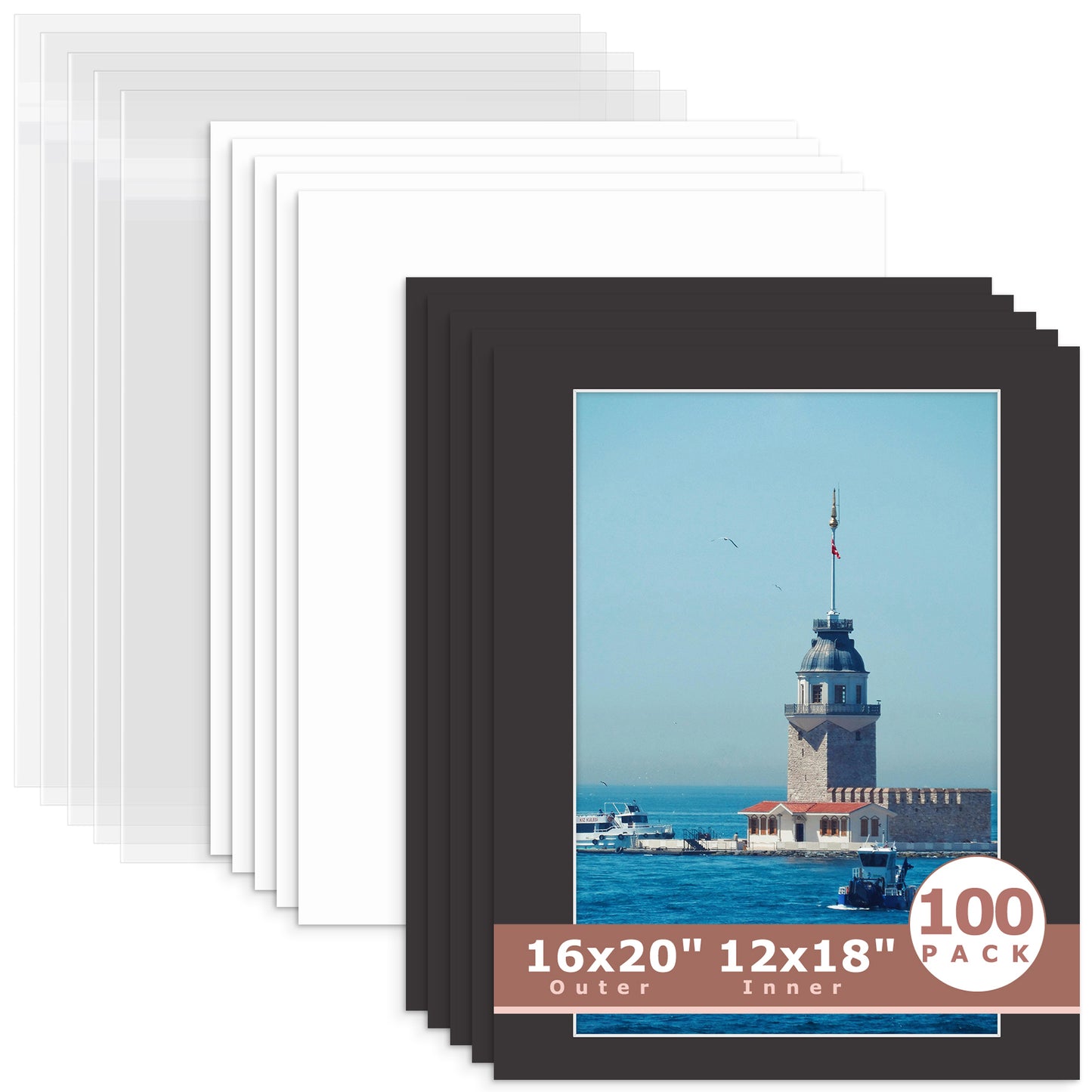 100 Pack 16x20 Whitecore Economy Pre-Cut Mat + Backing + Bag 12x18 (exact opening 11.5x17.5) N142 Tricom Black