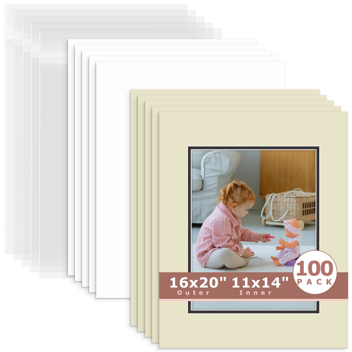 100 Pack 16x20 Economy Pre-Cut Double Mat For 11x14 Photo + Backing + Bag Light Gray Black