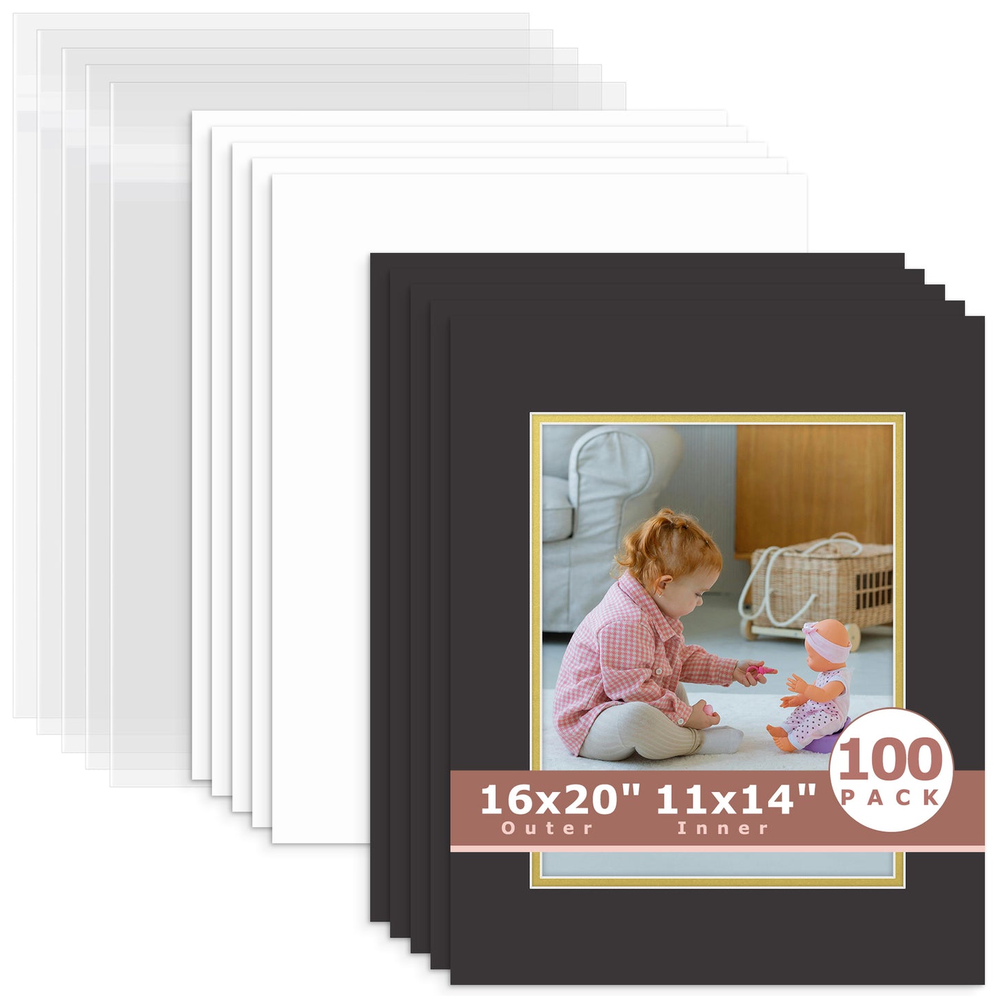 100 Pack 16x20 Economy Pre-Cut Double Mat For 11x14 Photo + Backing + Bag Black Gold