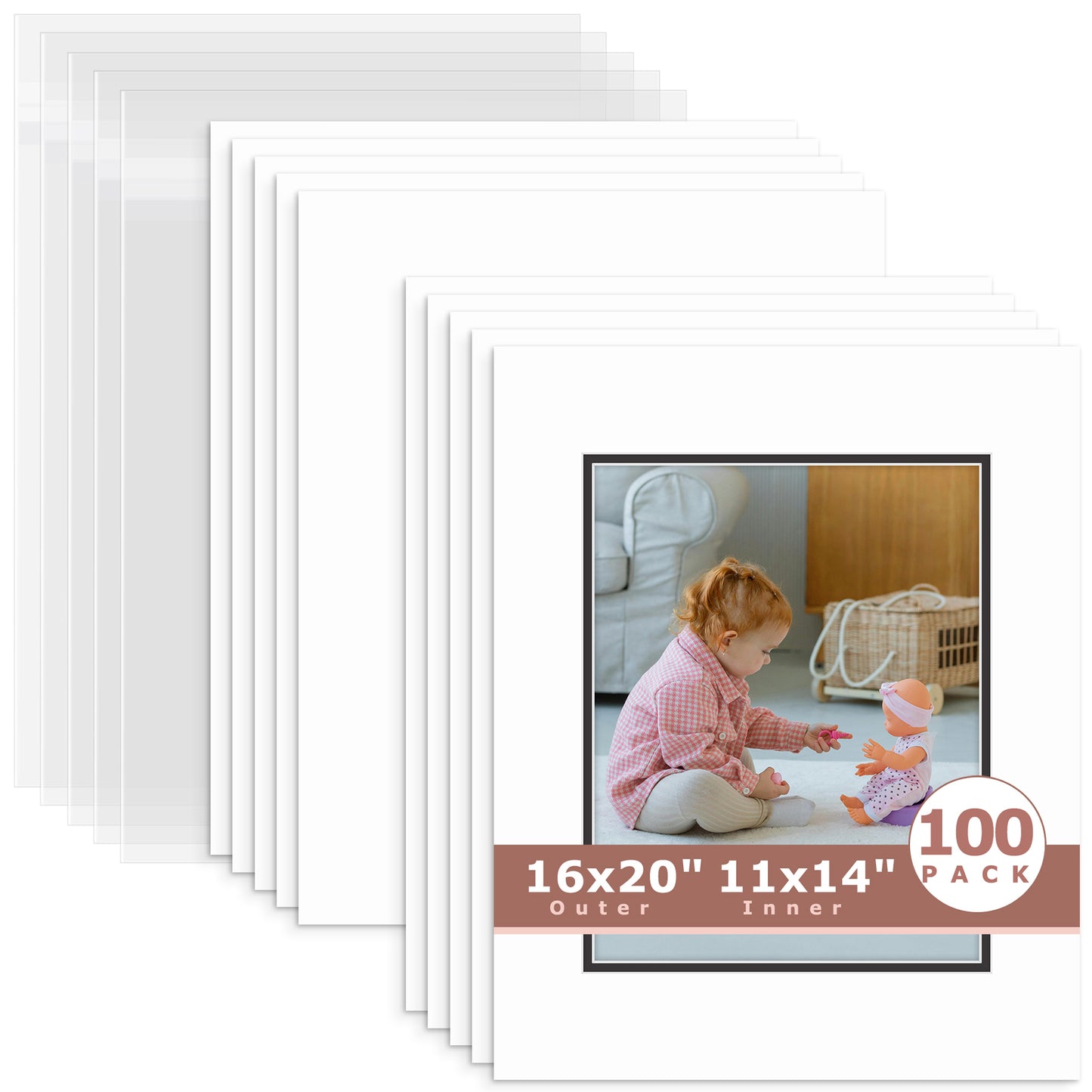 100 Pack 16x20 Economy Pre-Cut Double Mat For 11x14 Photo + Backing + Bag White Black