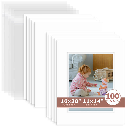 100 Pack 16x20 Economy Pre-Cut Double Mat For 11x14 Photo + Backing + Bag White White