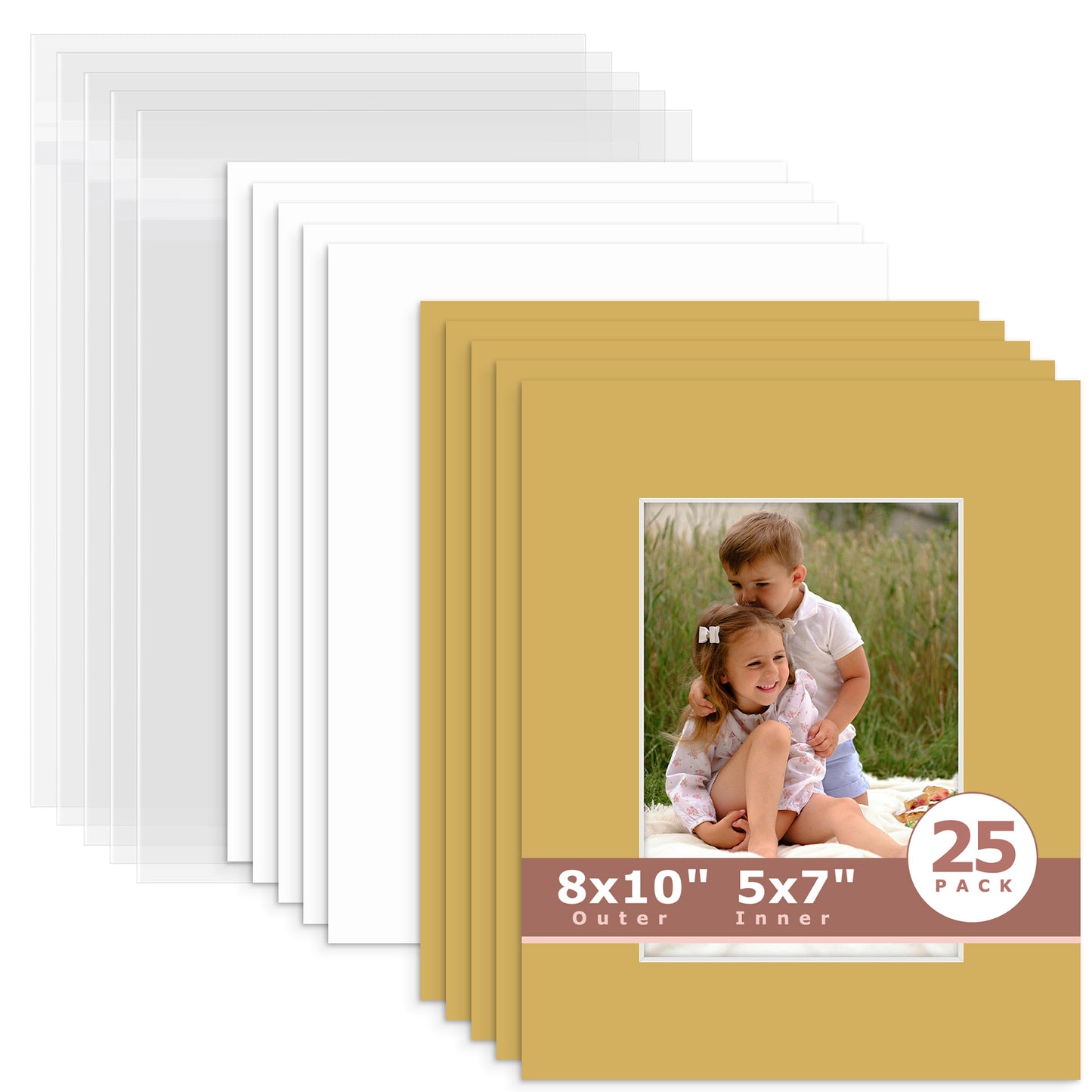 25 Pack 8x10 Whitecore Economy Pre-Cut Mat Board + Backing + Bag 5x7 (4.5x6.5 exact opening) N159 Smokey Tan
