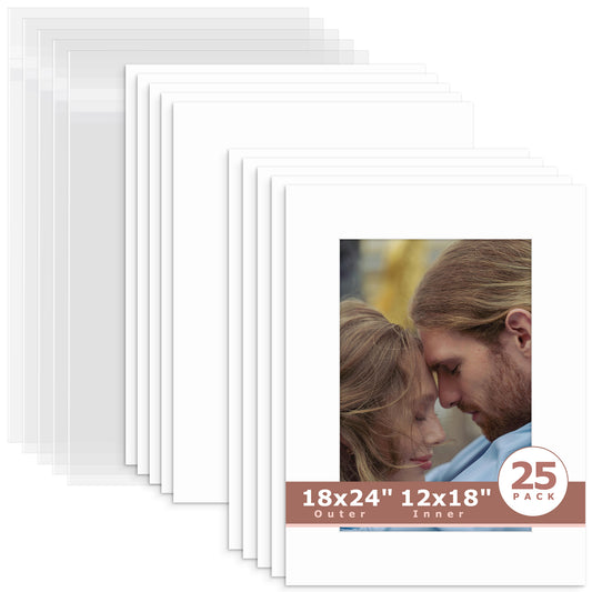 25 Pack 18x24 Whitecore Economy Pre-Cut Mat Board+ Backing + Bag 12x18 (11.5x17.5 exact opening) N501 White