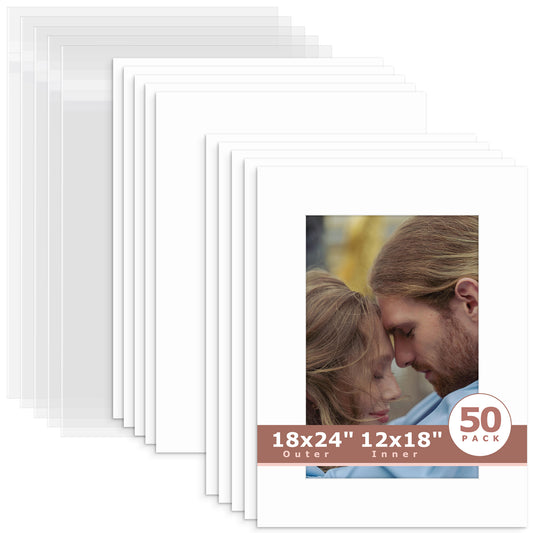 50 Pack 18x24 Whitecore Economy Pre-Cut Mat Board+ Backing + Bag 12x18 (11.5x17.5 exact opening) N501 White