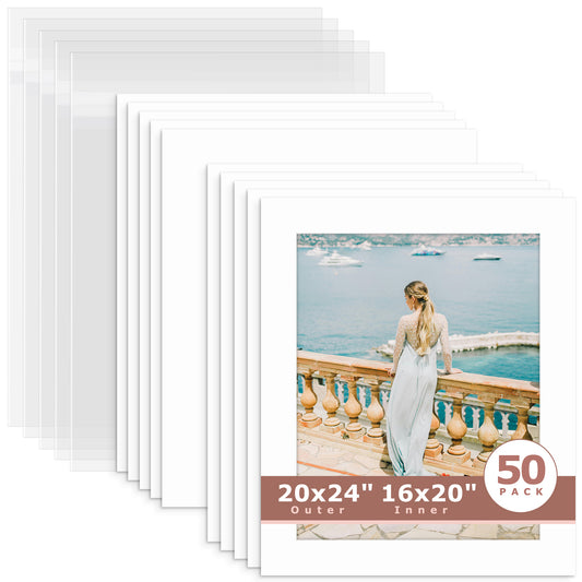 50 Pack 20x24 Whitecore Pre-Cut Mat Board for 16x20 Photo + Backing + Bag N501 White