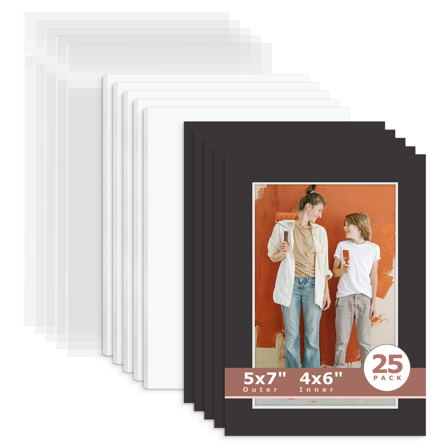 25 Pack 5x7 Economy Pre-Cut Mat For 4x6 Picture + White Foam Board + Bag N142 Tricom Black