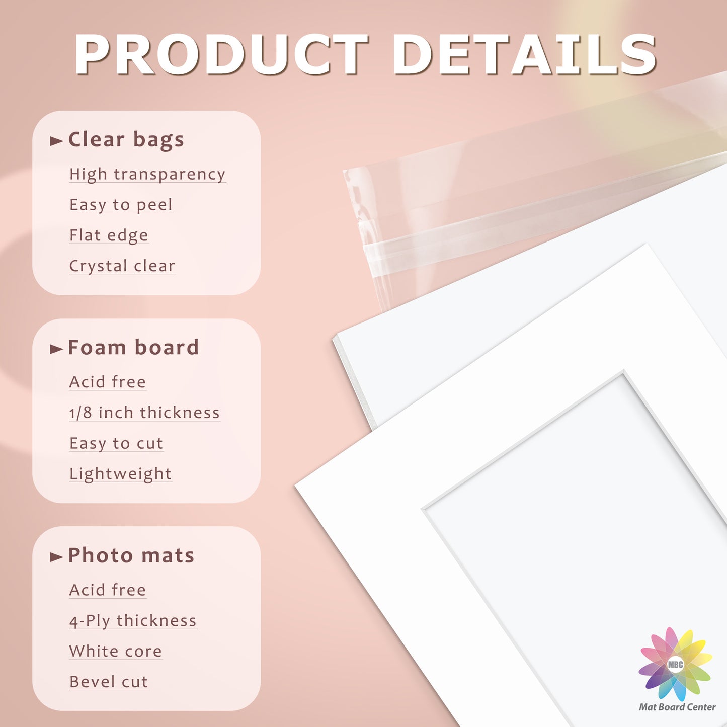 25 Pack 8x10 Economy Pre-Cut Mat Board + White Foam Board + Bag