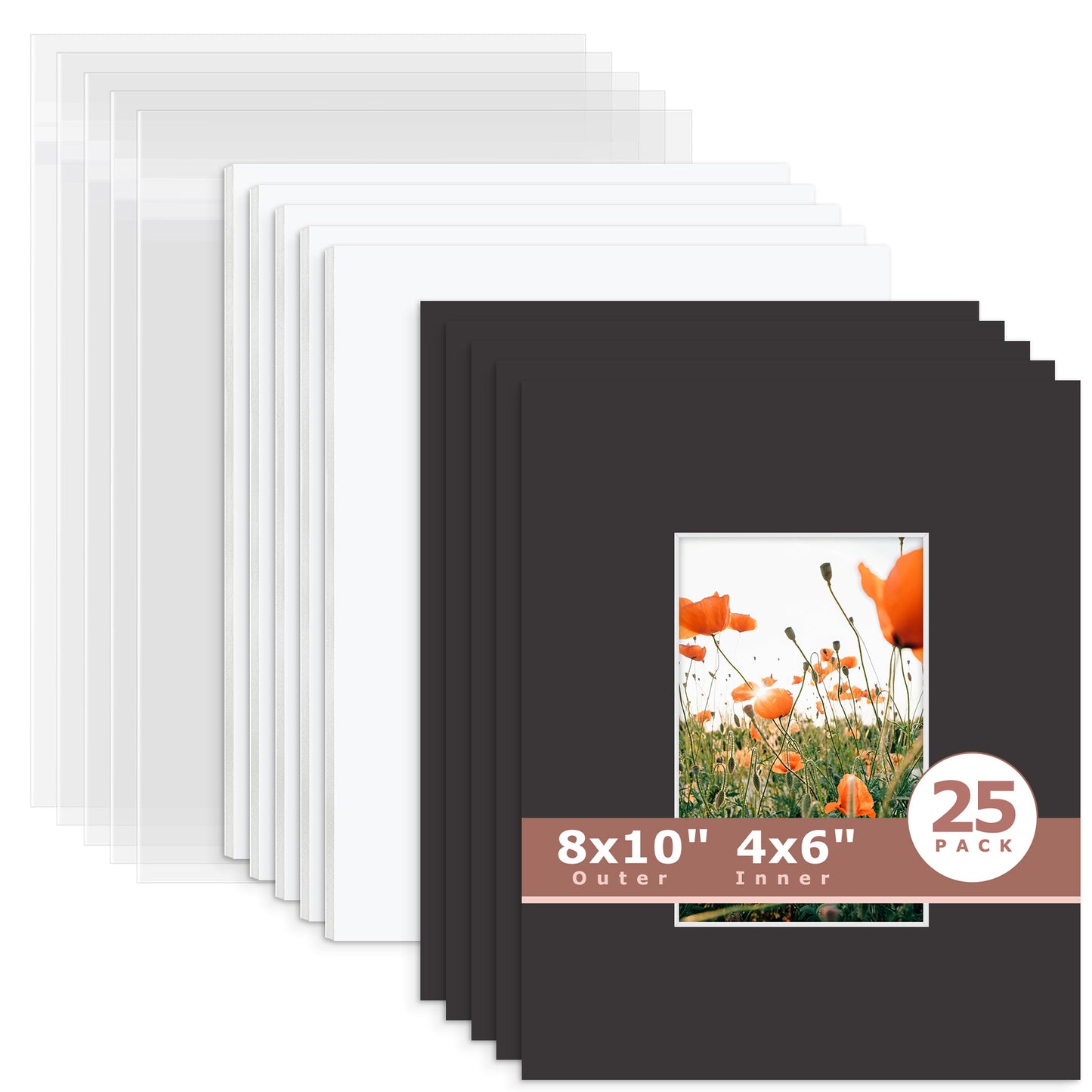 25 Pack 8x10 Economy Pre-Cut Mat Board + White Foam Board + Bag 4x6 (3.5x5.5 exact opening) N142 Tricom Black