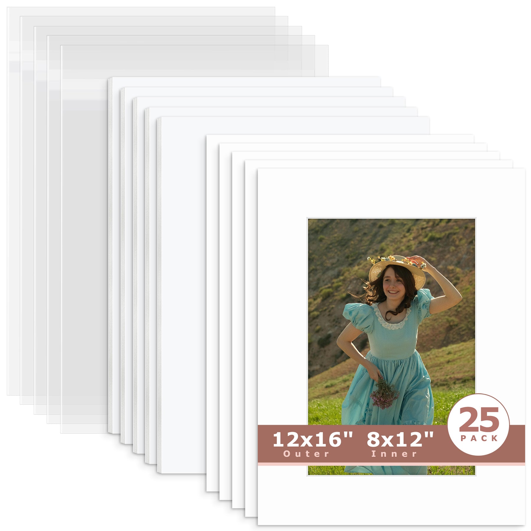 25 Pack 12x16 Picture Mats For 8x12 Photos + White Foam Board + Bag N501 White