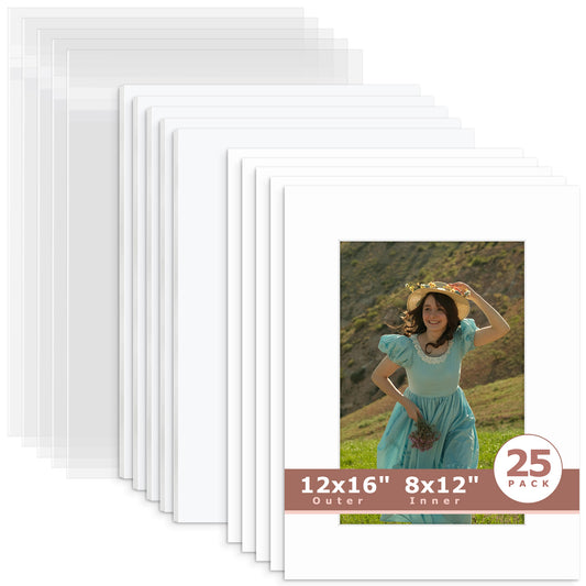 25 Pack 12x16 Picture Mats For 8x12 Photos + White Foam Board + Bag N501 White