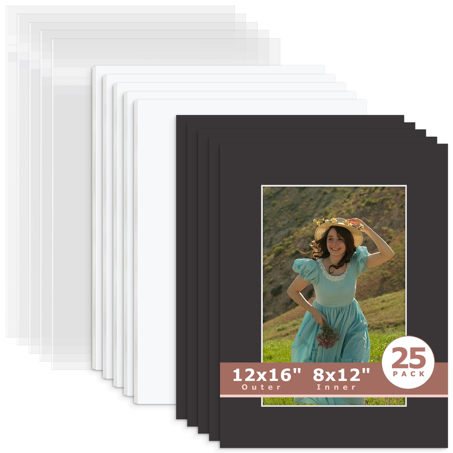 25 Pack 12x16 Picture Mats For 8x12 Photos + White Foam Board + Bag N142 Black