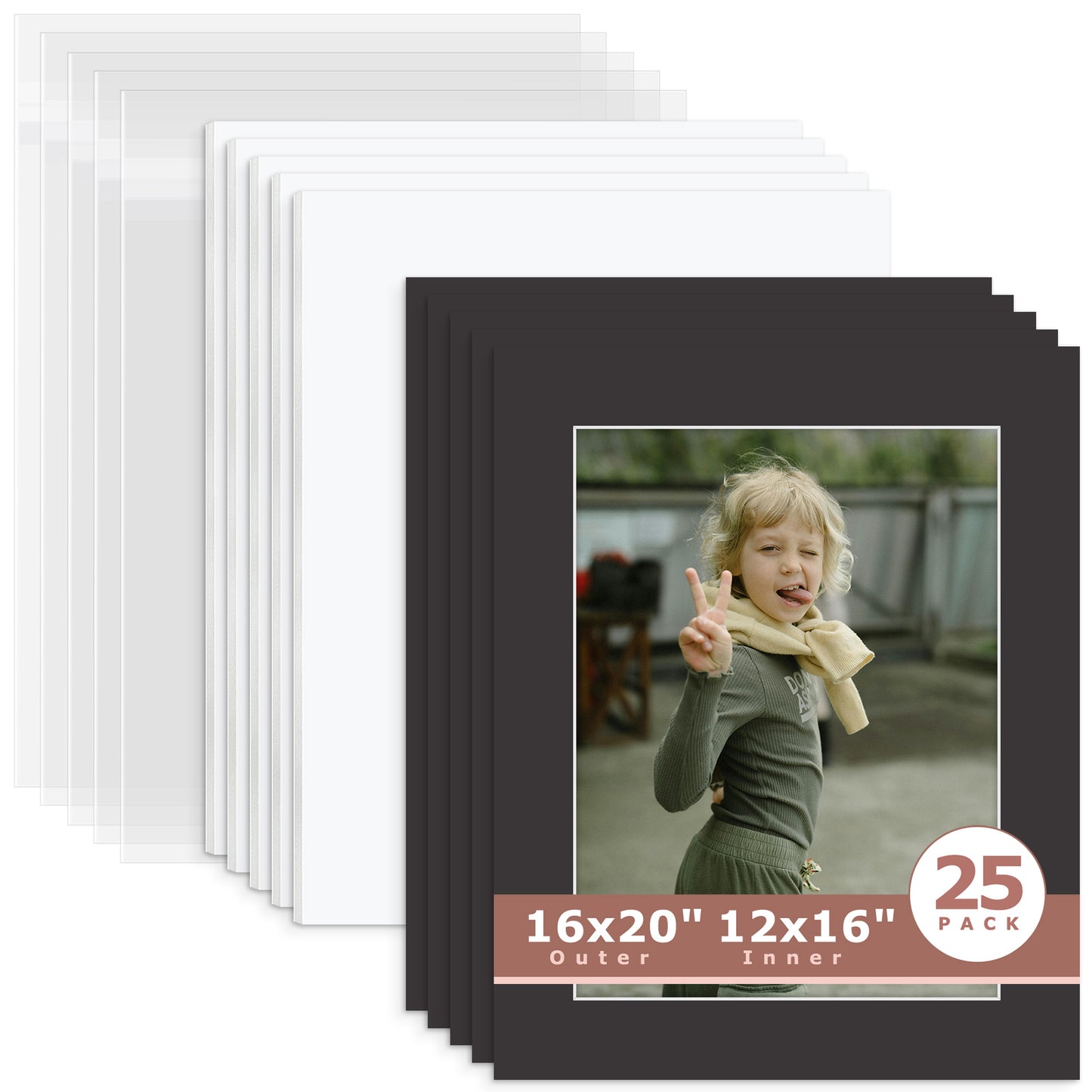 25 Pack 16x20 Whitecore Economy Pre-Cut Mat + White Foam Board + Bag 12x16 (exact opening 11.5x15.5) N142 Tricom Black
