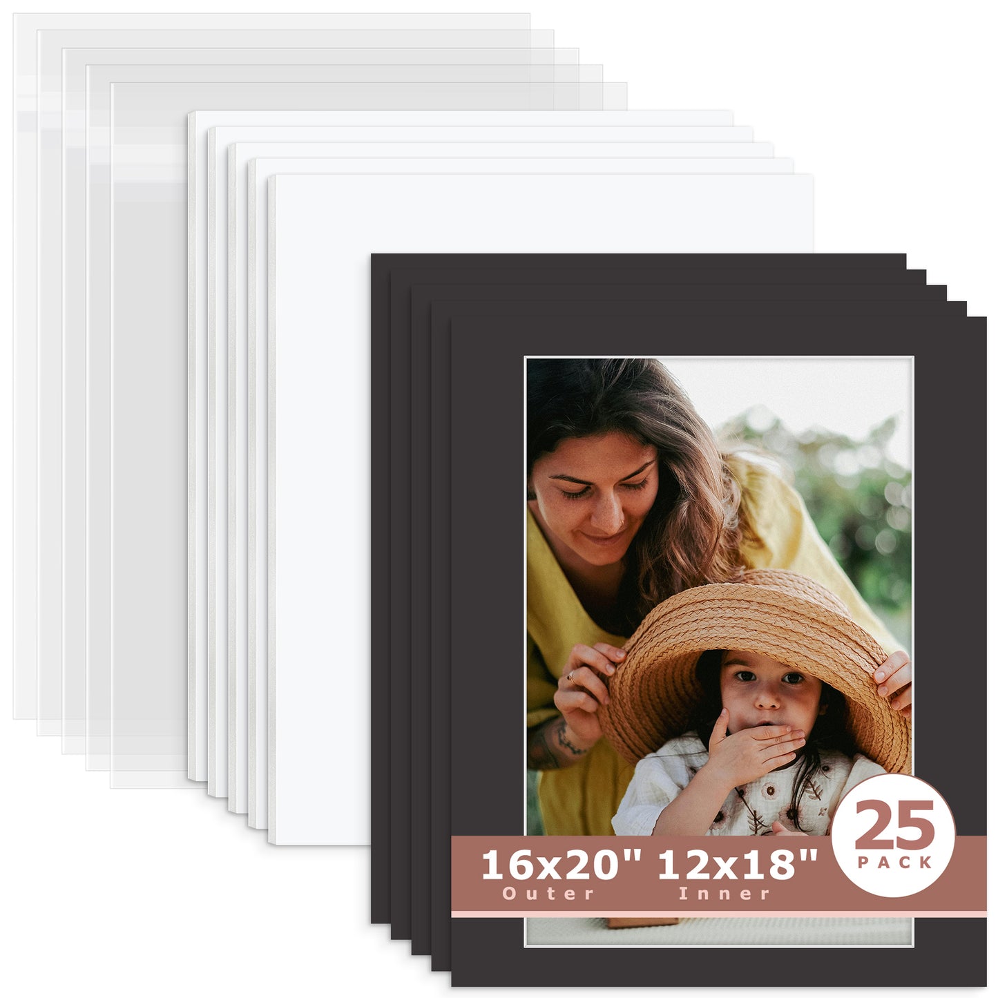 25 Pack 16x20 Whitecore Economy Pre-Cut Mat + White Foam Board + Bag 12x18 (exact opening 11.5x17.5) N142 Tricom Black
