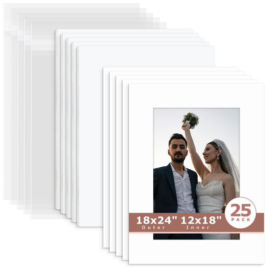 25 Pack 18x24 Economy Pre-Cut Mat Board + White Foam Board + Bag 12x18 (11.5x17.5 exact opening) N501 White