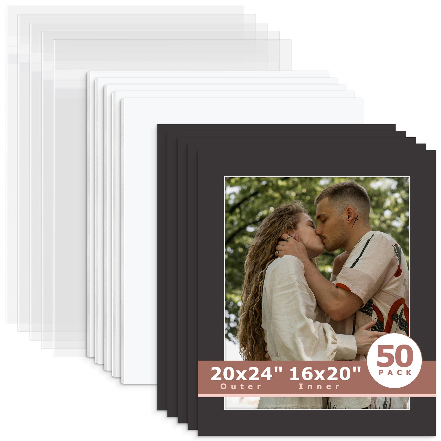 50 Pack 20x24 Whitecore Pre-Cut Mat Board for 16x20 Photo + White Foam Board + Bag N142 Black