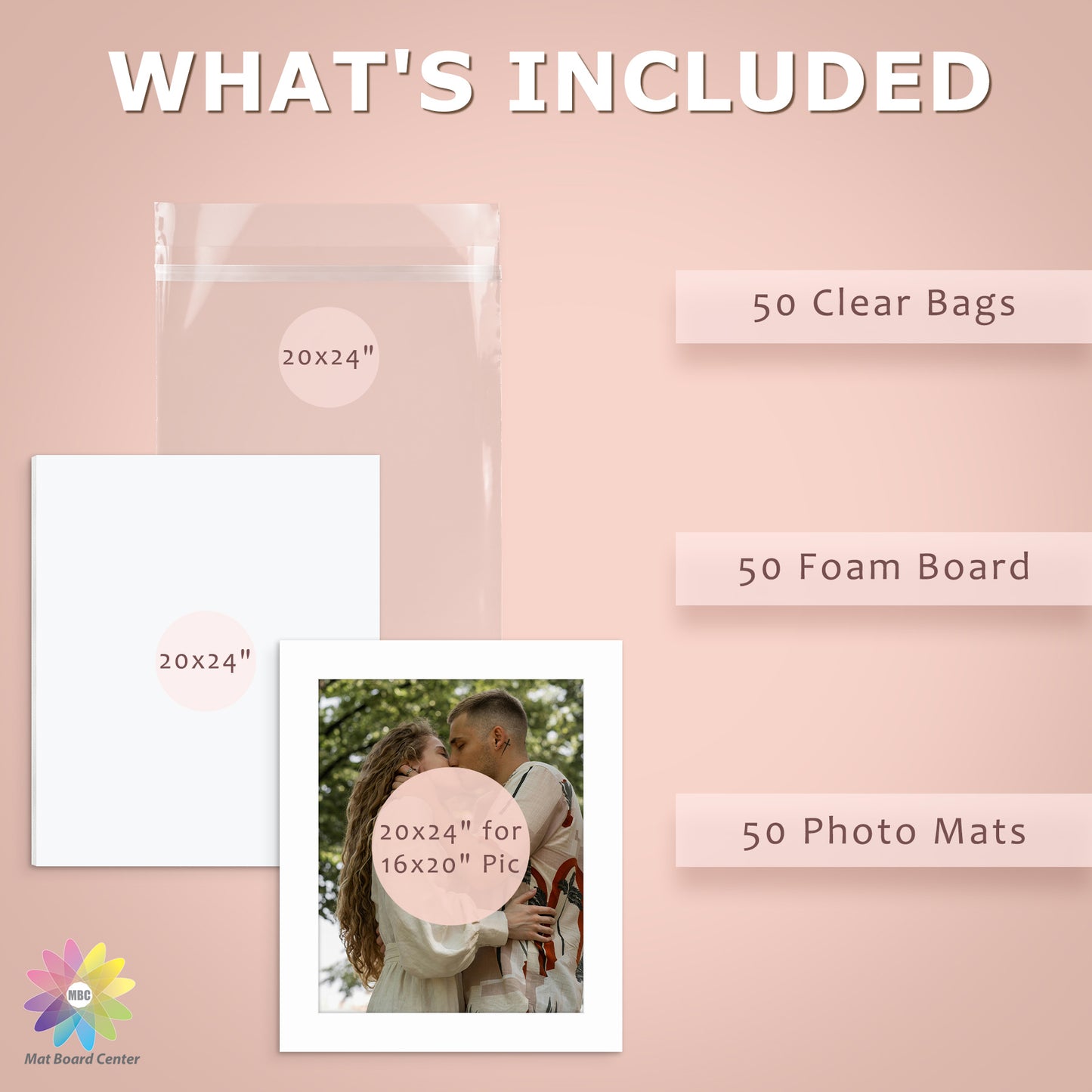50 Pack 20x24 Whitecore Pre-Cut Mat Board for 16x20 Photo + White Foam Board + Bag