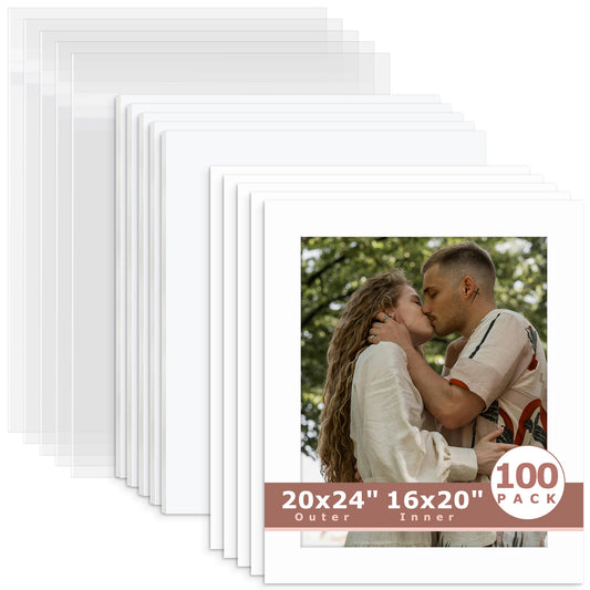 100 Pack 20x24 Whitecore Pre-Cut Mat Board for 16x20 Photo + White Foam Board + Bag N501 White