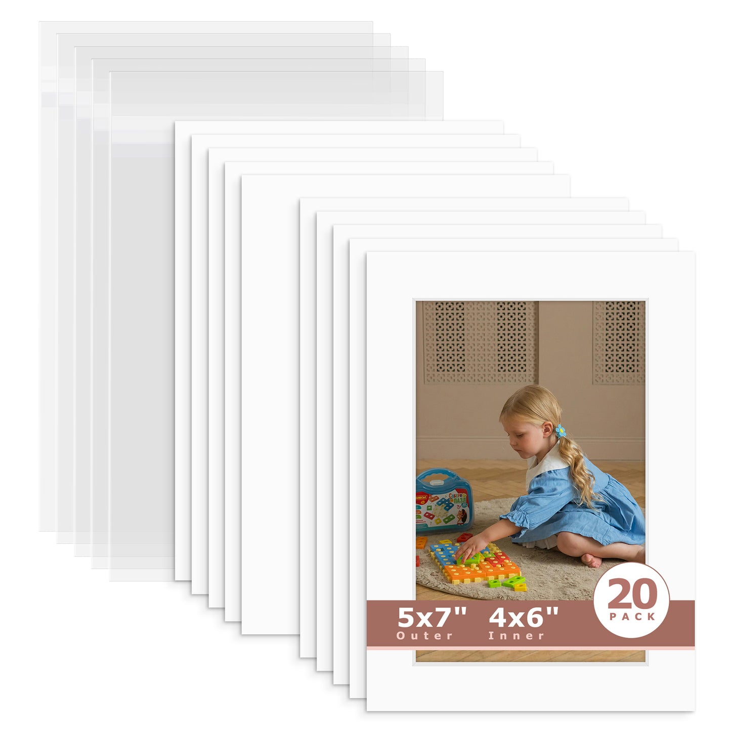 20 Pack 5x7 Whitecore Economy Pre-Cut Mat For 4x6 Picture + Backing + Bag N502 Off White